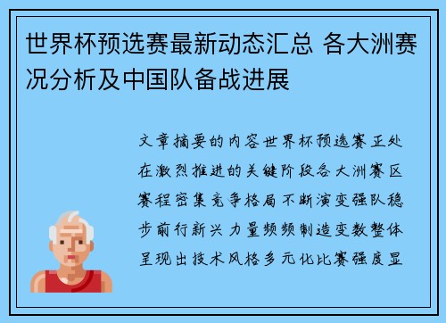 世界杯预选赛最新动态汇总 各大洲赛况分析及中国队备战进展