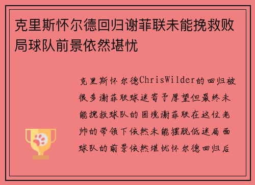 克里斯怀尔德回归谢菲联未能挽救败局球队前景依然堪忧